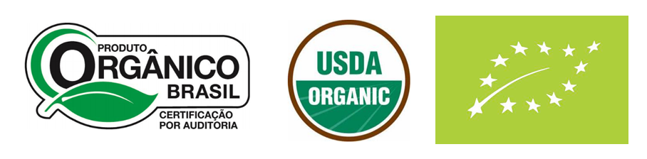 Nossas certificações: Produto Orgânico Brasil, USDA Organic, Certificação Europeia.